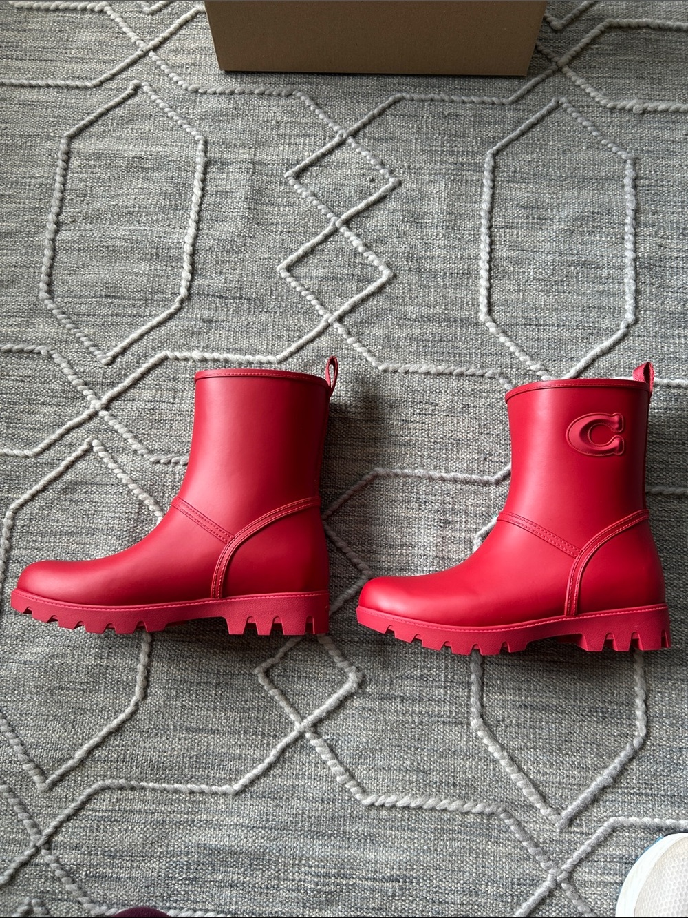 Coach Ryder Mid-Calf Ruby Red Rain Boots with Embossed C - Picture 2 of 13